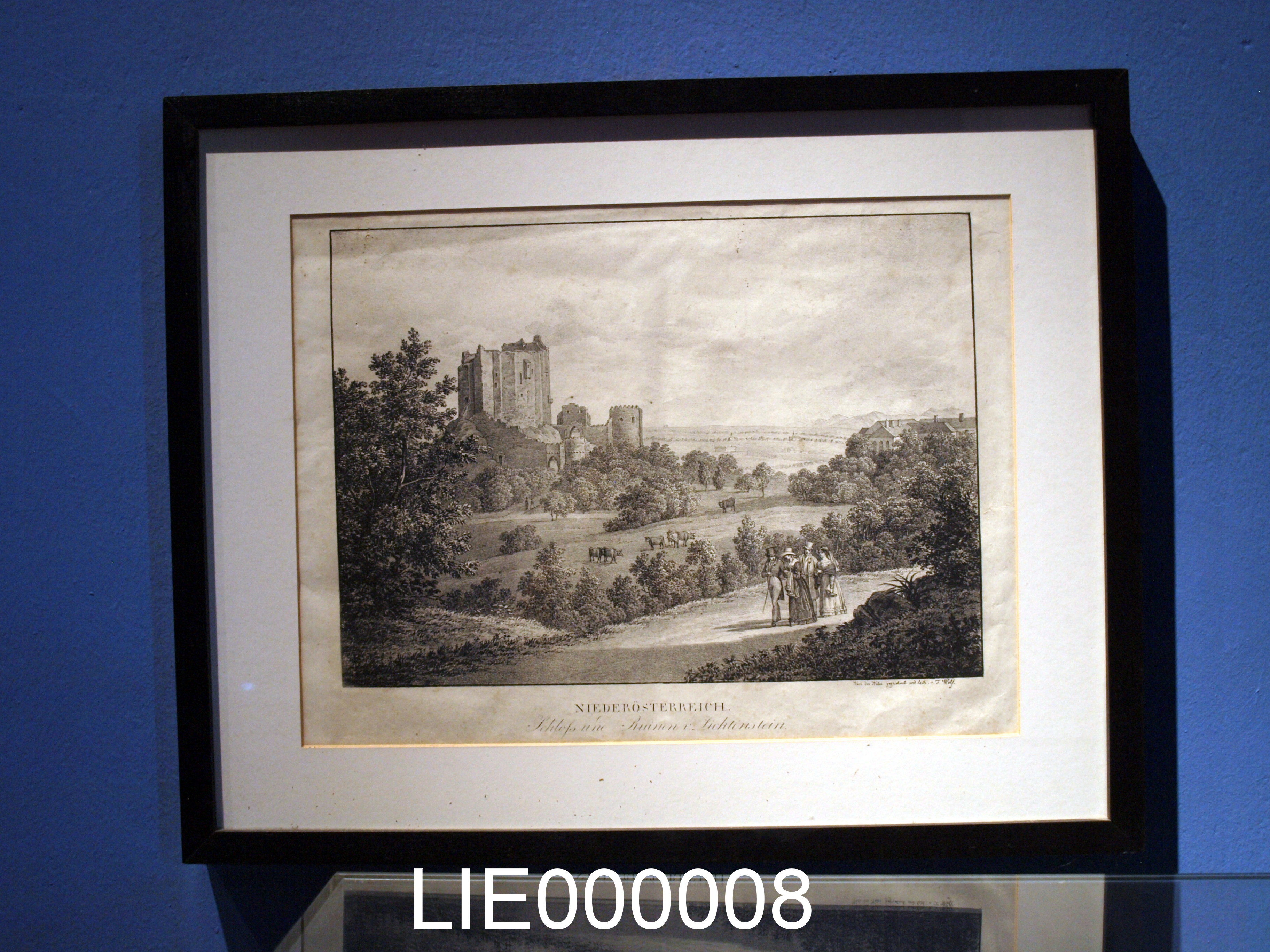 Lithographie mit der Ansicht "Schloss und Ruine v. Lichtenstein"